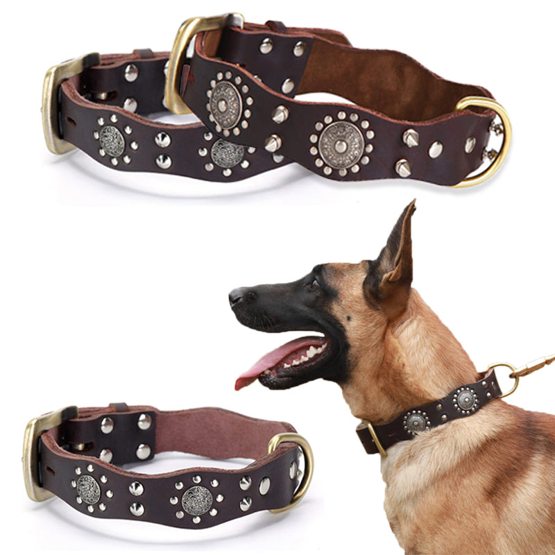 HiFuzzyPet Leather Spiked Dog Collar for Middle & Large Dogs